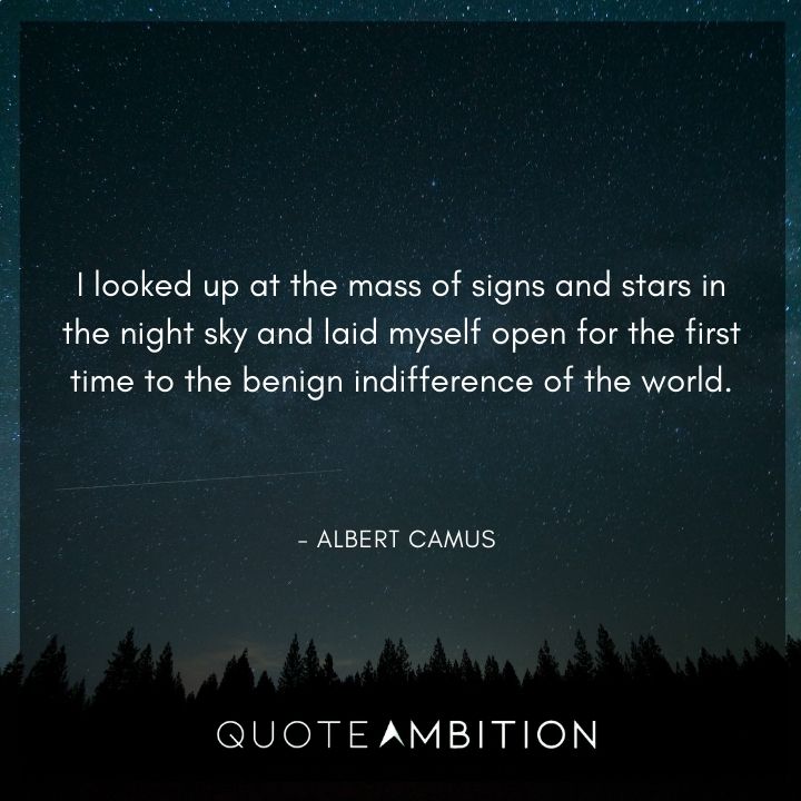 Albert Camus Quote - I looked up at the mass of signs and stars in the night sky and laid myself open for the first time to the benign indifference of the world.