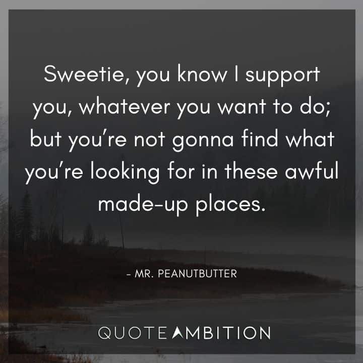 BoJack Horseman Quote - Sweetie, you know I support you, whatever you want to do. But you're not gonna find what you're looking for in these awful made - up places.