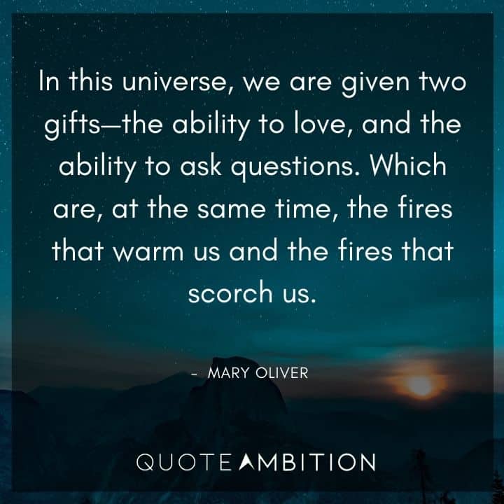 Mary Oliver Quote - In this universe, we are given two gifts - the ability to love, and the ability to ask questions.