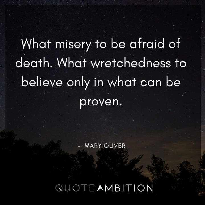 Mary Oliver Quote - What misery to be afraid of death. What wretchedness to believe only in what can be proven.