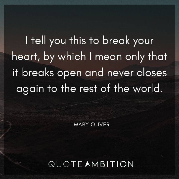 Mary Oliver Quote - I tell you this to break your heart, by which I mean only that it breaks open and never closes again to the rest of the world.