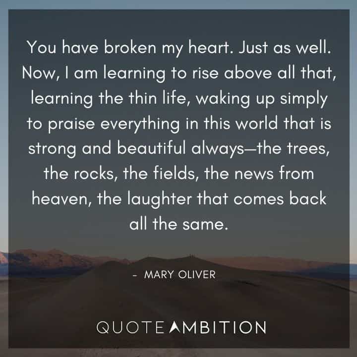 Mary Oliver Quote - Now, I am learning to rise above all that, learning the thin life, waking up simply to praise everything in this world that is strong and beautiful always.