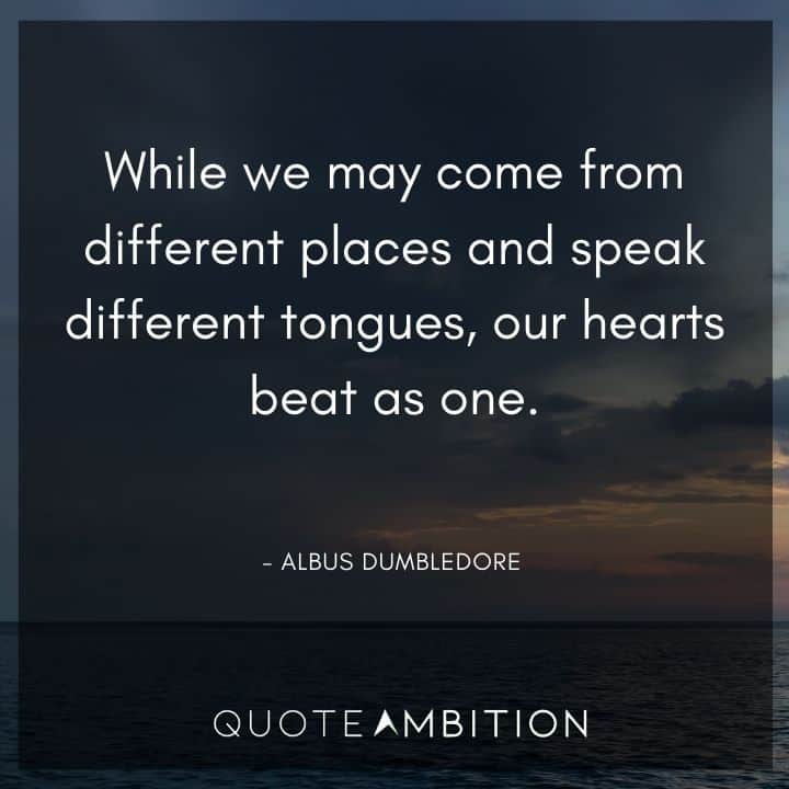 Albus Dumbledore Quote - While we may come from different places and speak different tongues, our hearts beat as one.