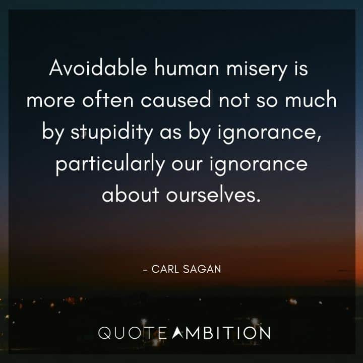 Carl Sagan Quote - Avoidable human misery is more often caused not so much by stupidity as by ignorance.