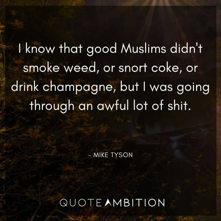 Mike Tyson Quote - I know that good Muslims didn't smoke weed, or snort coke, or drink champagne, but I was going through an awful lot of shit.