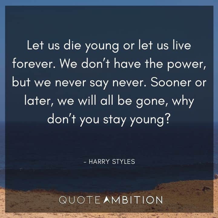 One Direction Quote - We don't have the power, but we never say never. Sooner or later, we will all be gone, why don't you stay young?