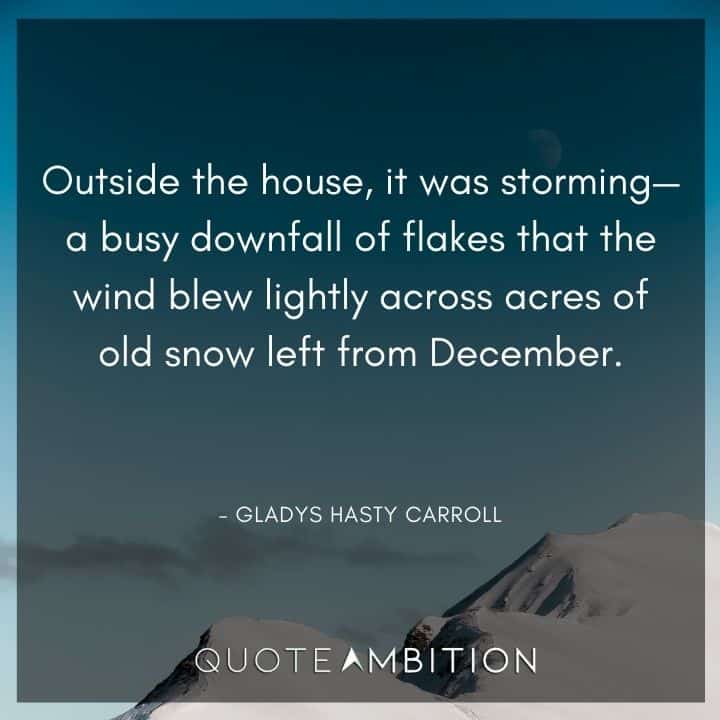 December Quotes - Outside the house, it was storming - a busy downfall of flakes that the wind blew lightly across acres of old snow left from December.